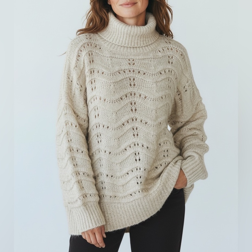 FRNCH PARIS Women’s Beige Cable Knit Turtleneck Sweater‎ Medium Large